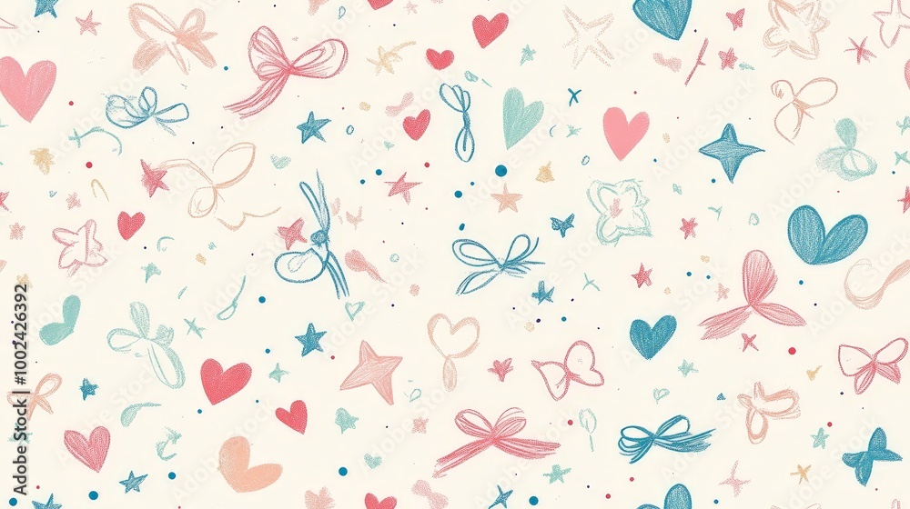 A colorful pattern of hearts and stars with a bow in the middle A colorful pattern of hearts and stars with a bow in the middle