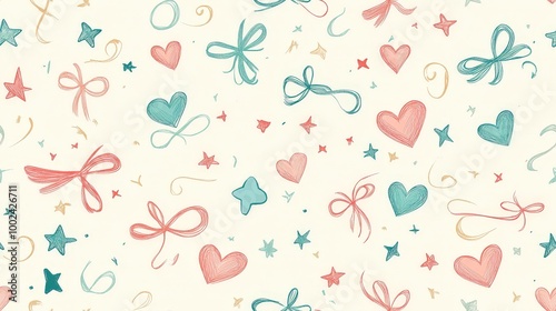 Wallpaper Mural A colorful pattern of hearts and bows is displayed on a white background Torontodigital.ca