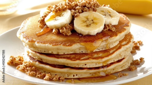 A delicious stack of fluffy pancakes topped with sliced bananas and a drizzle of honey creates a cozy breakfast setting, enhanced by soft natural lighting.