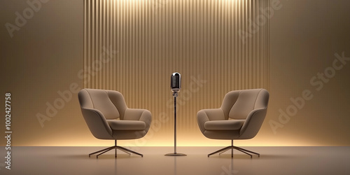 Premium talk show set with modern chairs and vintage microphone for media production