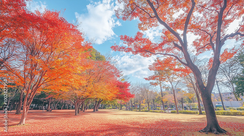 An autumn park with trees ablaze in red, orange, and yellow leaves, peaceful and inviting atmosphere