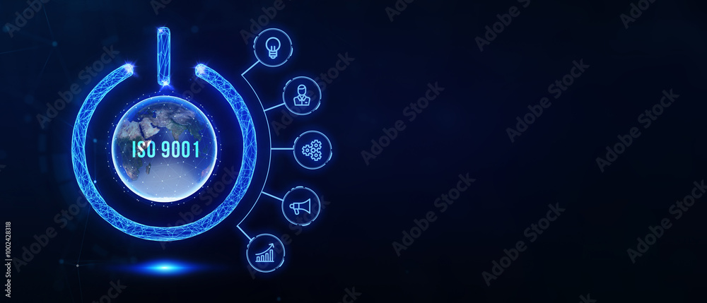 Business, technology, internet and network concept. Virtual screen of the future with the inscription: ISO 9001. 3d illustration Business, technology, internet and network concept. Virtual screen of the future with the inscription: ISO 9001. 3d illustration