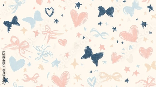 A colorful pattern of hearts and bows is drawn on a white background