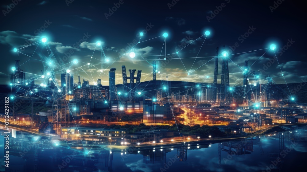 Modern factory, communication network. Telecommunication. IoT, Internet of Things, ICT, Information communication Technology,. Smart factory. Digital transformation, cloud connecting, generate by AI Modern factory, communication network. Telecommunication. IoT, Internet of Things, ICT, Information communication Technology,. Smart factory. Digital transformation, cloud connecting, generate by AI