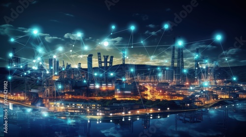 Modern factory, communication network. Telecommunication. IoT, Internet of Things, ICT, Information communication Technology,. Smart factory. Digital transformation, cloud connecting, generate by AI