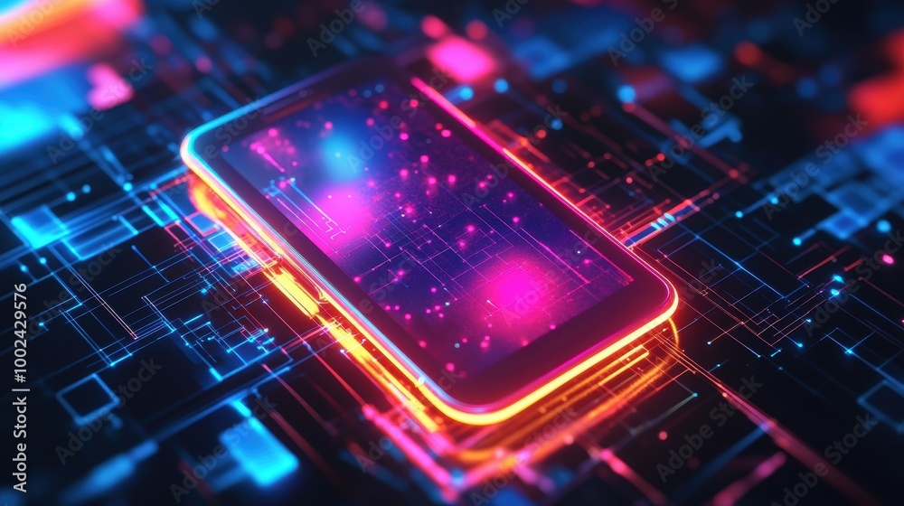 Smartphone on technology background. Neon glowing mobile phone on abstract dark background. Futuristic network connection Smartphone on technology background. Neon glowing mobile phone on abstract dark background. Futuristic network connection