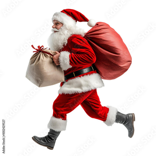 Full body of Santa Claus carry gift bag and running, realistic photo, in white background, PNG, No background. photo