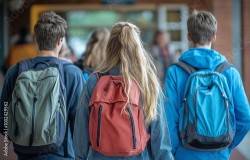 Students from high school conversing while walking.