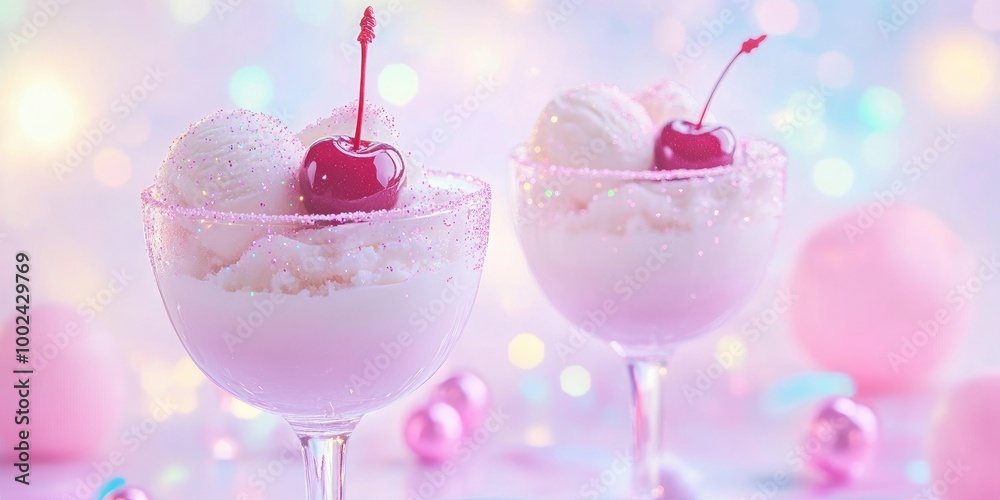 Photo of ice cream in champagne glasses with glitter and cherries on top, pastel colors, aesthetic, beautiful light, pastels, rainbow, glittery, magical, the background Photo of ice cream in champagne glasses with glitter and cherries on top, pastel colors, aesthetic, beautiful light, pastels, rainbow, glittery, magical, the background