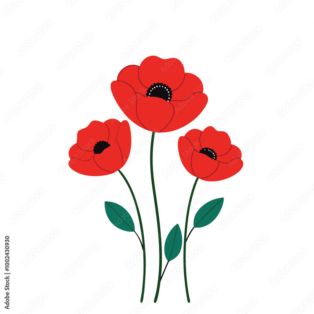 Fototapeta premium A vibrant red poppy flowers vector illustration on a white background. This elegant and detailed design is perfect for floral-themed art, prints, cards, or decoration projects.
