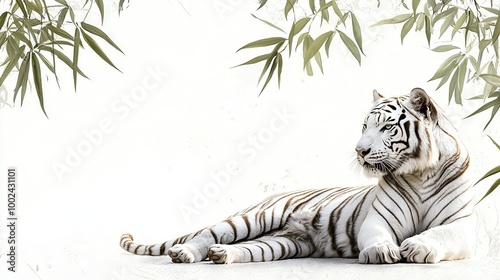  A white tiger lies on the ground beneath a bamboo tree with green foliage on its back