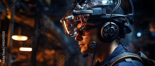 A focused individual wearing advanced headgear and communication equipment in a dimly lit environment.