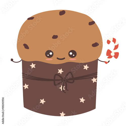 Cute hand drawn cartoon character Panettone traditional italian Christmas cake vector illustration isolated on white background	