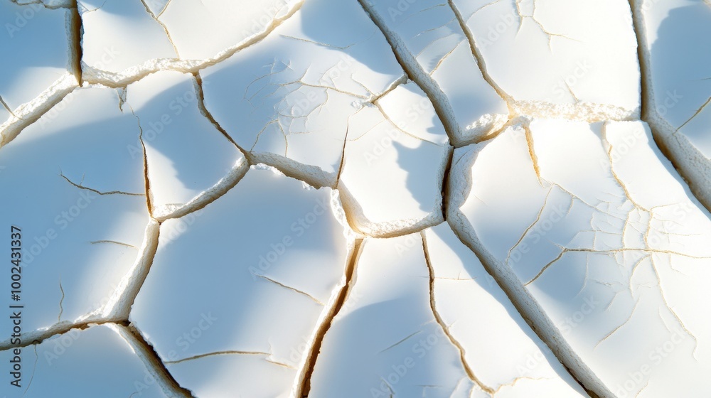 Bright daylight highlights the intricate patterns and textures of cracked white paint on a weathered surface Bright daylight highlights the intricate patterns and textures of cracked white paint on a weathered surface