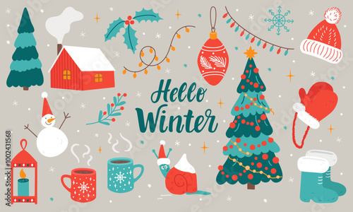 Colorful set of cosy winter elements, Christmas decorations, warm clothes with hand written lettering. Seasonal vector illustration in flat style