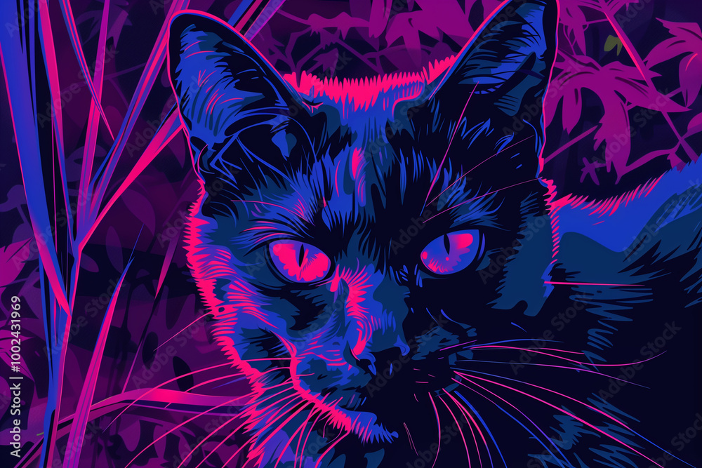 Neon black cat hiding in vibrant jungle colorful Halloween night scene.
Neon black cat hiding in vibrant jungle colorful Halloween night scene.