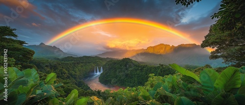 A rainbow arching over a raging river in a lush setting.