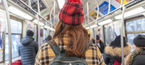 Woman in Beanie With Backpack on Crowded Subway Train Full of People, Urban Lifestyle Concept