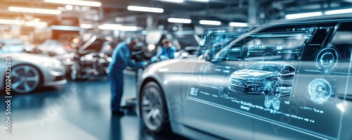 Wallpaper Mural A mechanic inspects a modern car, showcasing advanced automotive technology and digital diagnostics in a busy workshop environment. Torontodigital.ca