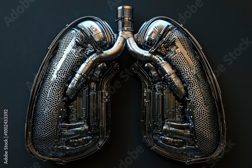 Metallic, Mechanical Lungs on a Black Background