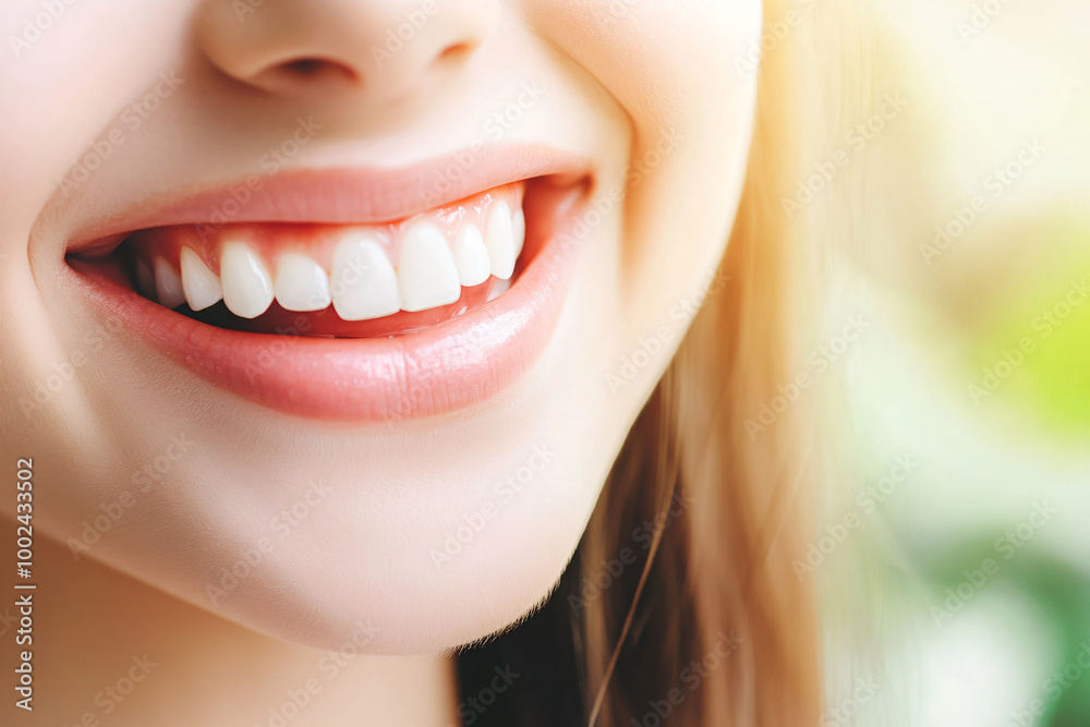 Bright female smile. Girl lips with open mouth with perfect teeth. Dental care and whitening healthy procedure. orthodontic treatment with teeth straightening Dentistry banner with copy space Bright female smile. Girl lips with open mouth with perfect teeth. Dental care and whitening healthy procedure. orthodontic treatment with teeth straightening Dentistry banner with copy space