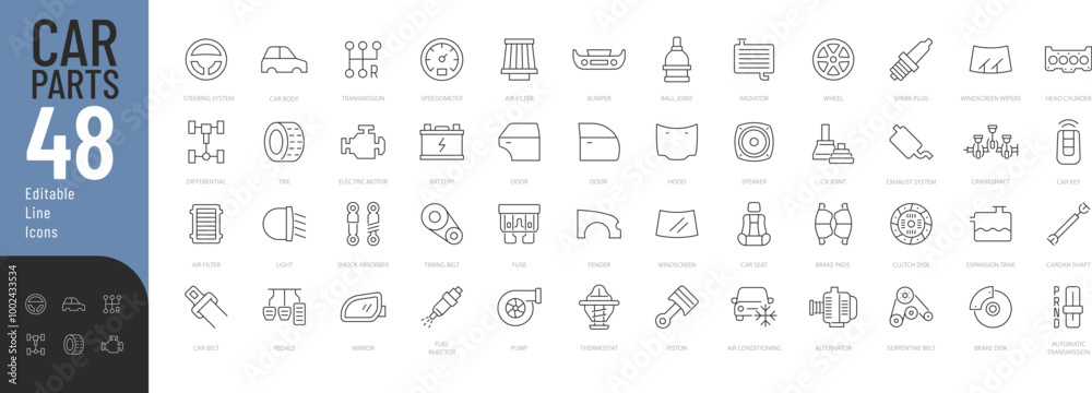 Car Parts line Editable Icons set. Vector illustration in thin line ...