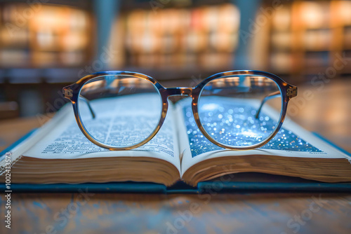 Open book reflecting city lights through eyeglasses on library table