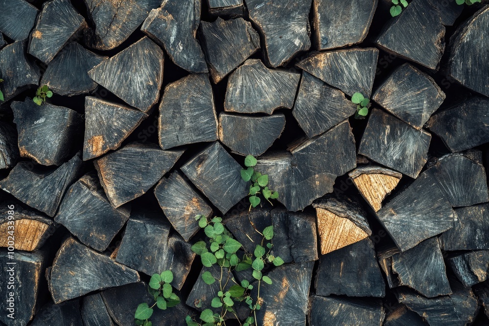 Textured background of cut firewood in rows with uneven surface and green plant sprigs in daylight - generative ai Textured background of cut firewood in rows with uneven surface and green plant sprigs in daylight - generative ai