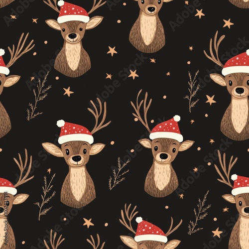 A black and white pattern of deer with red hats and stars