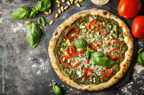 Pesto Pizza with Roasted Red Peppers on Top for a Flavorful Delight photo