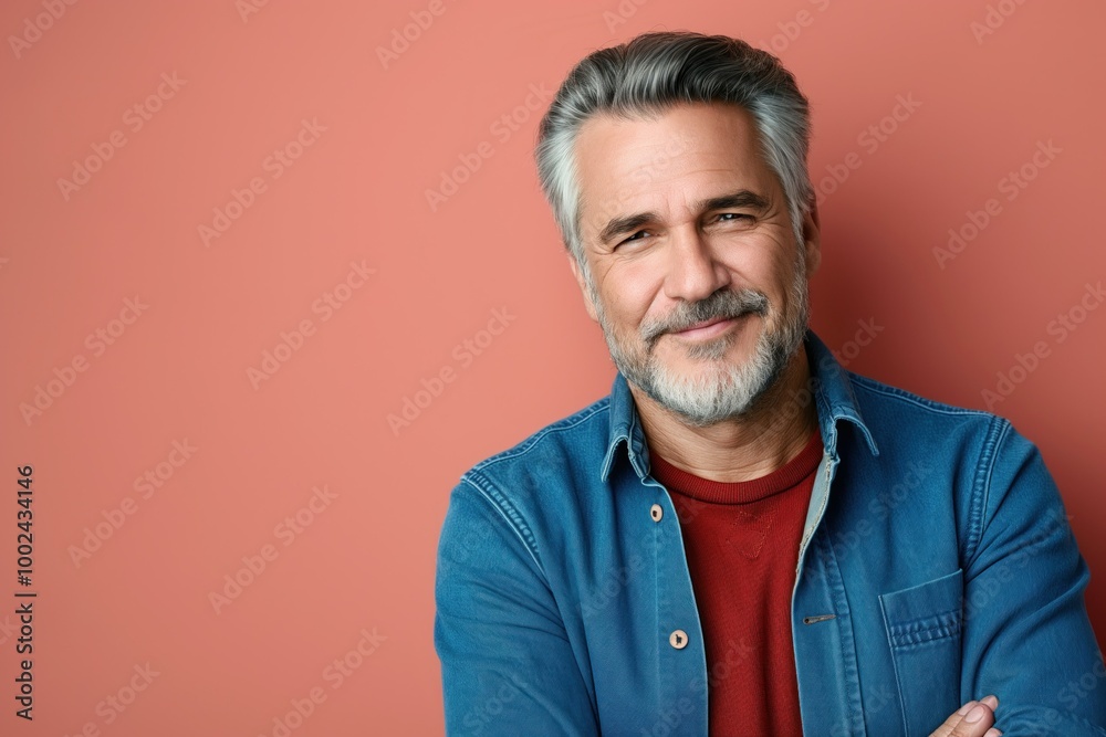 Mature caucasian man with cheerful expression on a colorful background. He is wearing casual attire with a grey shirt. His arms are crossed, conveying a positive mood. Mature caucasian man with cheerful expression on a colorful background. He is wearing casual attire with a grey shirt. His arms are crossed, conveying a positive mood.