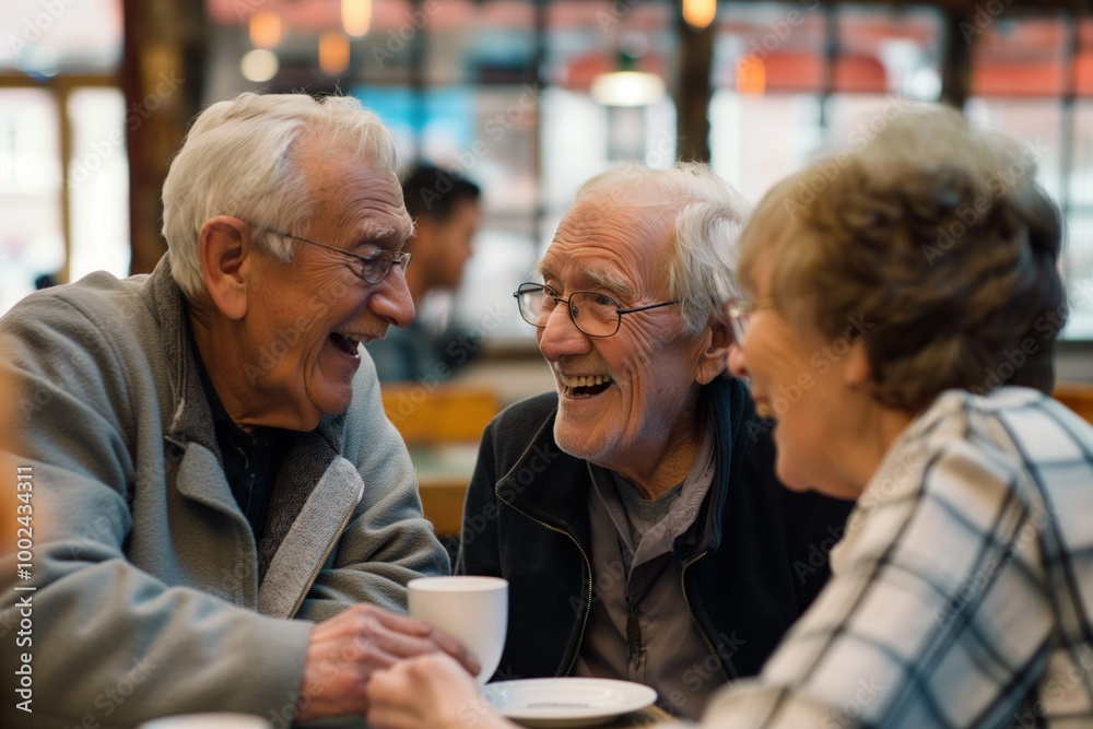 Group of senior men and women friends spend quality time together in a cozy indoor cafe. Mature individuals from diverse ethnic backgrounds share laughter and conversation. Group of senior men and women friends spend quality time together in a cozy indoor cafe. Mature individuals from diverse ethnic backgrounds share laughter and conversation.