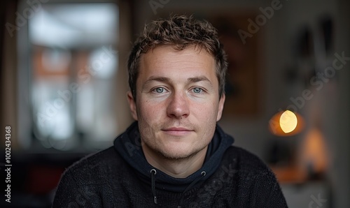 A close-up portrait of a young man with short, curly hair and blue eyes, wearing a black sweater and a hoodie. 