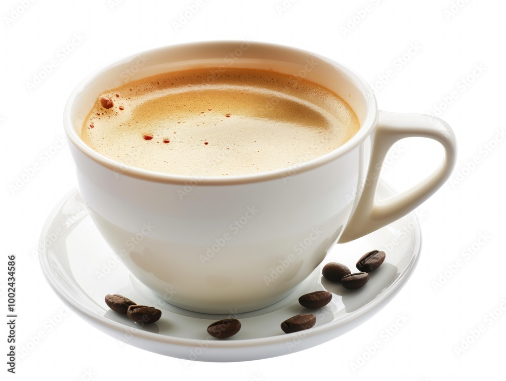 Close-up of coffee cup on white background. Hot drink in ceramic mug. Aromatic coffee scent and brown liquid. Freshly brewed coffee for breakfast or break. Close-up of coffee cup on white background. Hot drink in ceramic mug. Aromatic coffee scent and brown liquid. Freshly brewed coffee for breakfast or break.