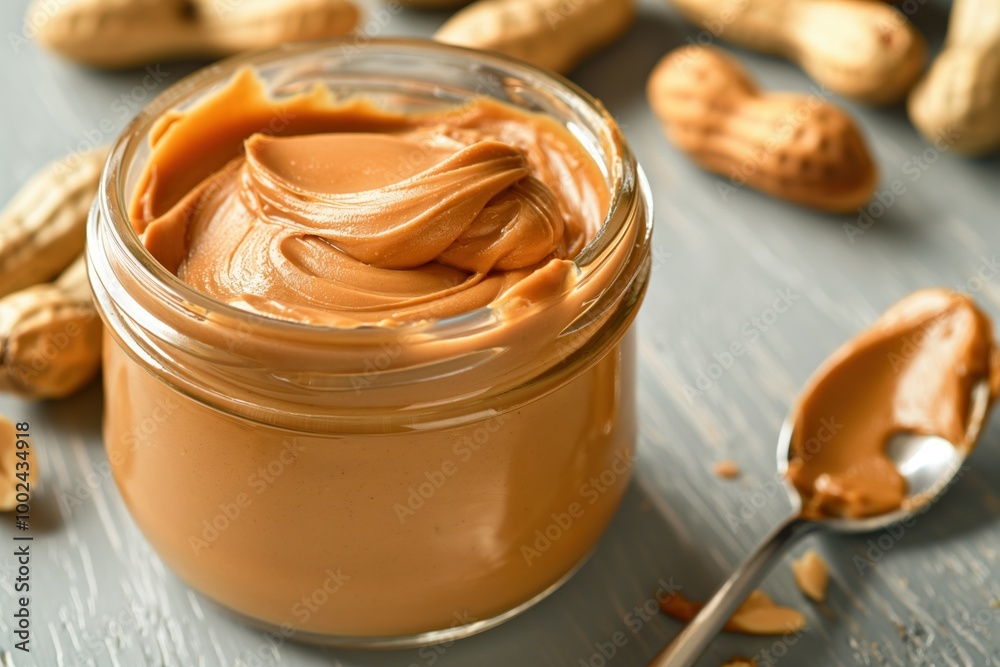 Close-up of wooden table with glass jar, spoon. Creamy peanut butter is spread on plate, healthy snack for breakfast or lunch. Freshly ground nut butter is nutritious ingredient for cooking, eating. Close-up of wooden table with glass jar, spoon. Creamy peanut butter is spread on plate, healthy snack for breakfast or lunch. Freshly ground nut butter is nutritious ingredient for cooking, eating.