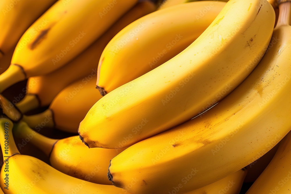Close-up of ripe bananas. Yellow fruit bunch with many bananas. Fresh, natural, and healthy snack or dessert. Ripe bananas are rich in vitamins, minerals, and antioxidants. Close-up of ripe bananas. Yellow fruit bunch with many bananas. Fresh, natural, and healthy snack or dessert. Ripe bananas are rich in vitamins, minerals, and antioxidants.