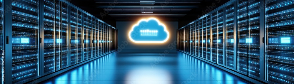 A modern data center featuring rows of servers with glowing blue lighting and a cloud icon, symbolizing cloud computing.