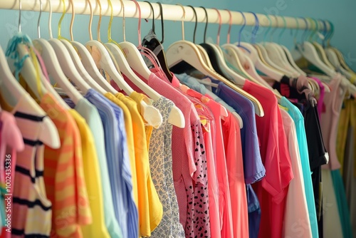 Wallpaper Mural Colorful clothes on hangers in room. Various casual attire, clothes, fabrics. Black, blue, green, pink, purple, striped, white, yellow clothing items displayed. Clothes rack visible in background, Torontodigital.ca