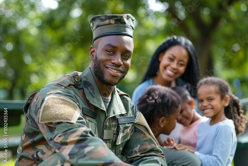 African American soldier in camouflage uniform smiling at camera with family in park. Happy mother and children playing in autumn green surroundings. Casual and carefree atmosphere.