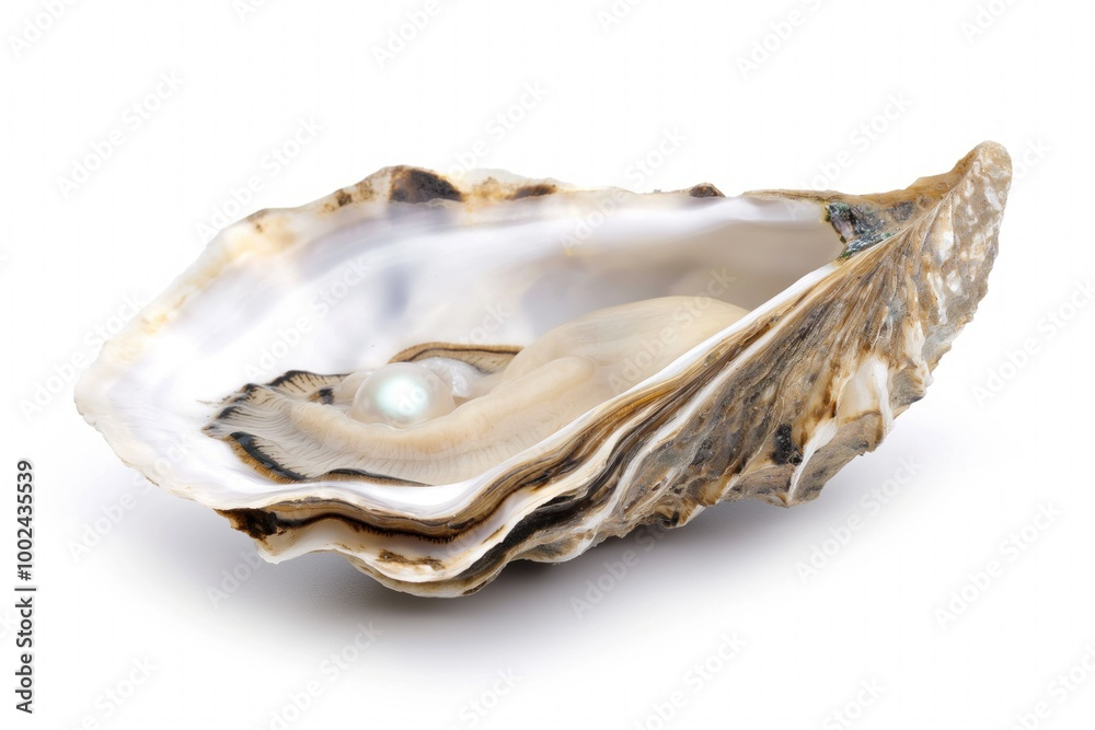 Naklejka premium Close-up of open oyster revealing lustrous pearl inside. Isolated on white background, pearl convoluted texture, shiny surface are showcased. Bivalve mollusk treasure, prized for its beauty, value.