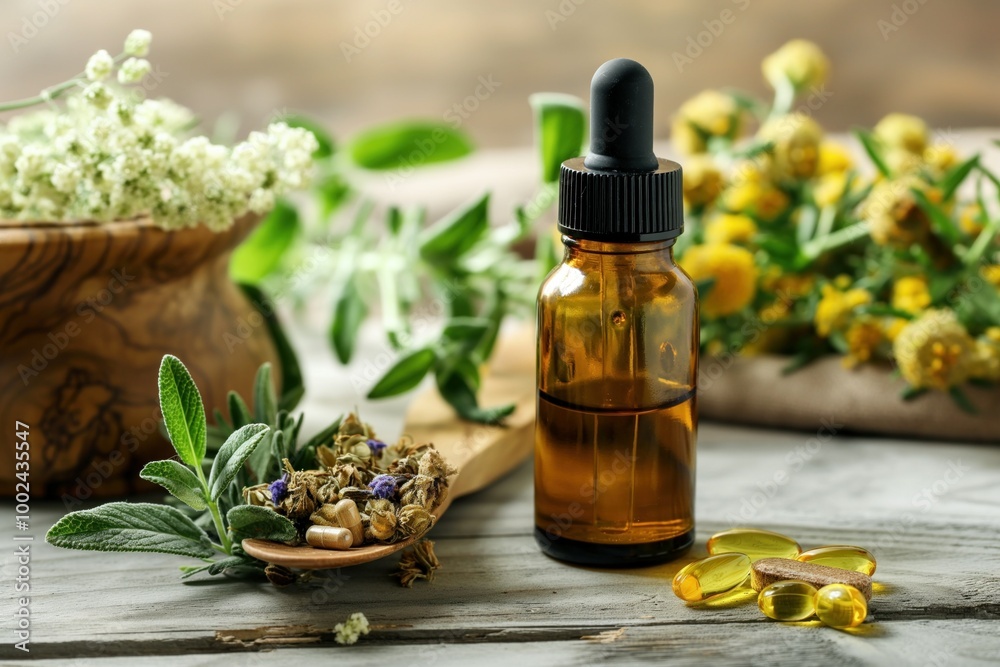 Bottle of medicinal tincture with herbal ingredients on wooden table. Fresh flowers, leaves for aromatherapy, herbal remedy. Chamomile, helichrysum herbs for health, wellness. Natural, organic Bottle of medicinal tincture with herbal ingredients on wooden table. Fresh flowers, leaves for aromatherapy, herbal remedy. Chamomile, helichrysum herbs for health, wellness. Natural, organic
