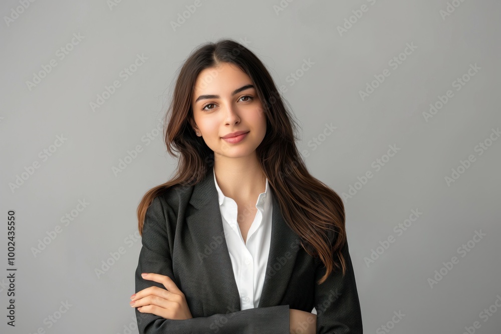 Young pro businesswoman posing on grey background. She is wearing modern office clothes with a formal style. Chestnut hair, attractive face and confident look. Young pro businesswoman posing on grey background. She is wearing modern office clothes with a formal style. Chestnut hair, attractive face and confident look.