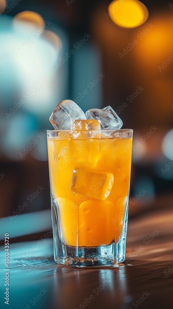 Refreshing orange beverage served over ice in a glass at a cozy café during the afternoon Refreshing orange beverage served over ice in a glass at a cozy café during the afternoon