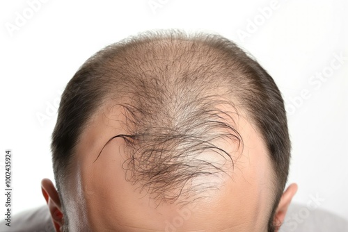 Close-up of mature man head on white background. Balding hair loss concept. Male adult with receding hairline, thinning hair, and scalp showing. Hair follicles not visible.