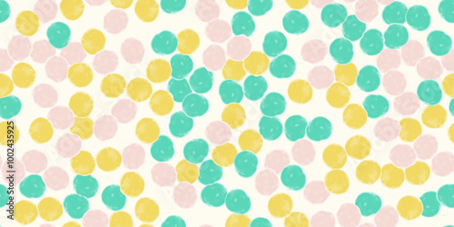 Abstract seamless pattern, background with green, yellow, pink watercolor shapes and stains. Repeating vector print