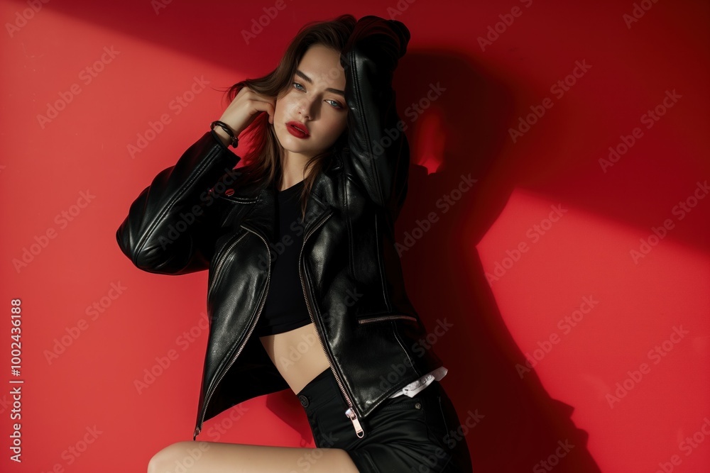 Young caucasian woman poses in black leather jacket on red background. Stylish and fashionable woman wears leather coat. Fashionable woman in trendy outfit. Young caucasian woman poses in black leather jacket on red background. Stylish and fashionable woman wears leather coat. Fashionable woman in trendy outfit.