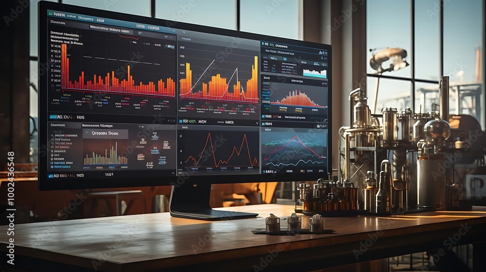 A modern workspace featuring data analytics on a large monitor and industrial equipment. A modern workspace featuring data analytics on a large monitor and industrial equipment.
