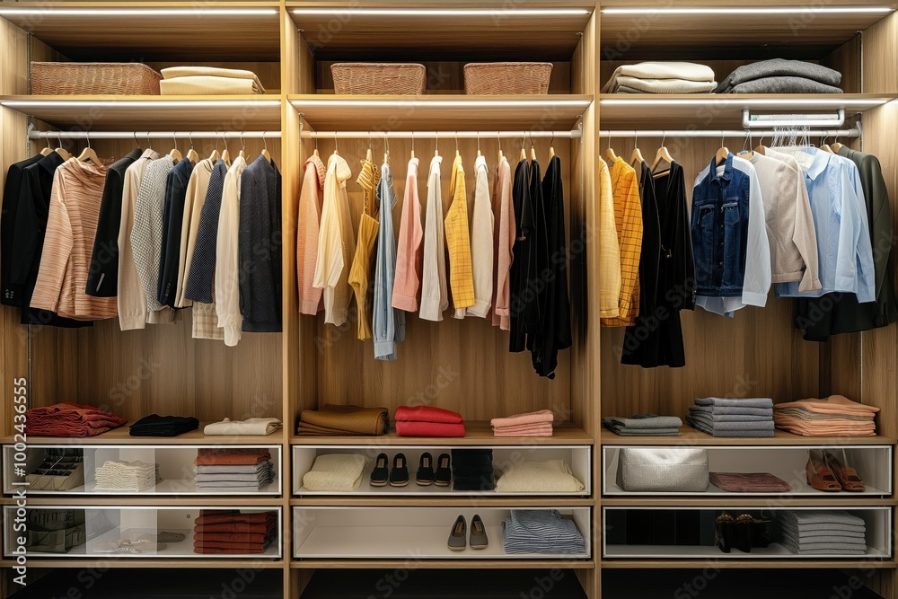Big, spacious wardrobe in dressing room with wide range of clothes. Many garments hanging on clothes rack, shelf, rail. Various styles, colours organised in luxurious, modern closet. Comfortable Big, spacious wardrobe in dressing room with wide range of clothes. Many garments hanging on clothes rack, shelf, rail. Various styles, colours organised in luxurious, modern closet. Comfortable