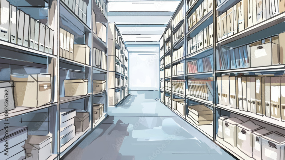 Mobile shelving units for maximizing storage space in archival facilities in high quality illustration style Mobile shelving units for maximizing storage space in archival facilities in high quality illustration style