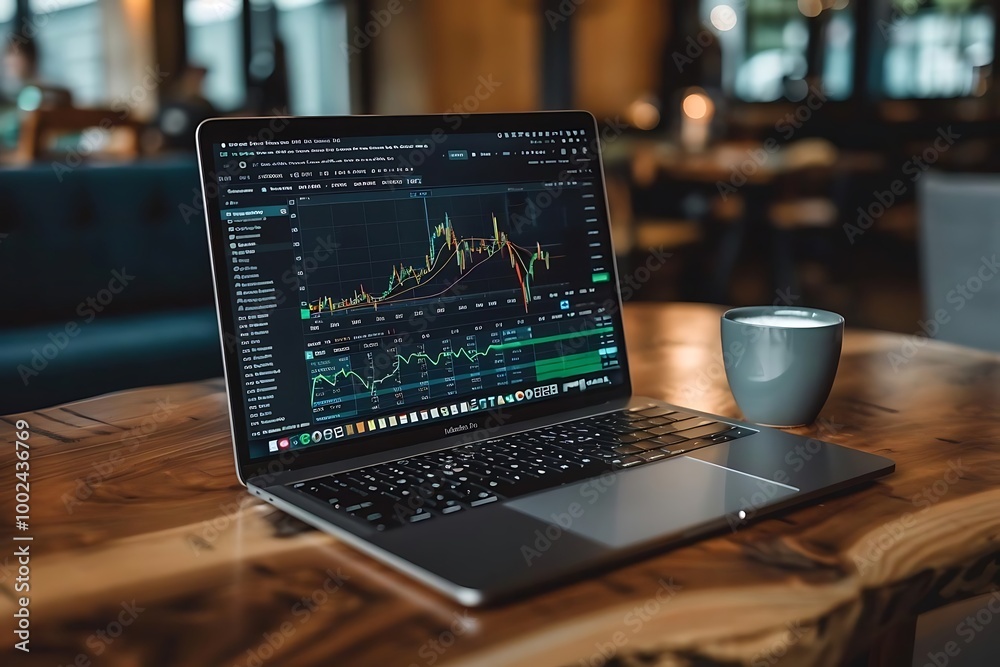 A laptop displaying financial charts beside a cup of coffee on a wooden table. A laptop displaying financial charts beside a cup of coffee on a wooden table.